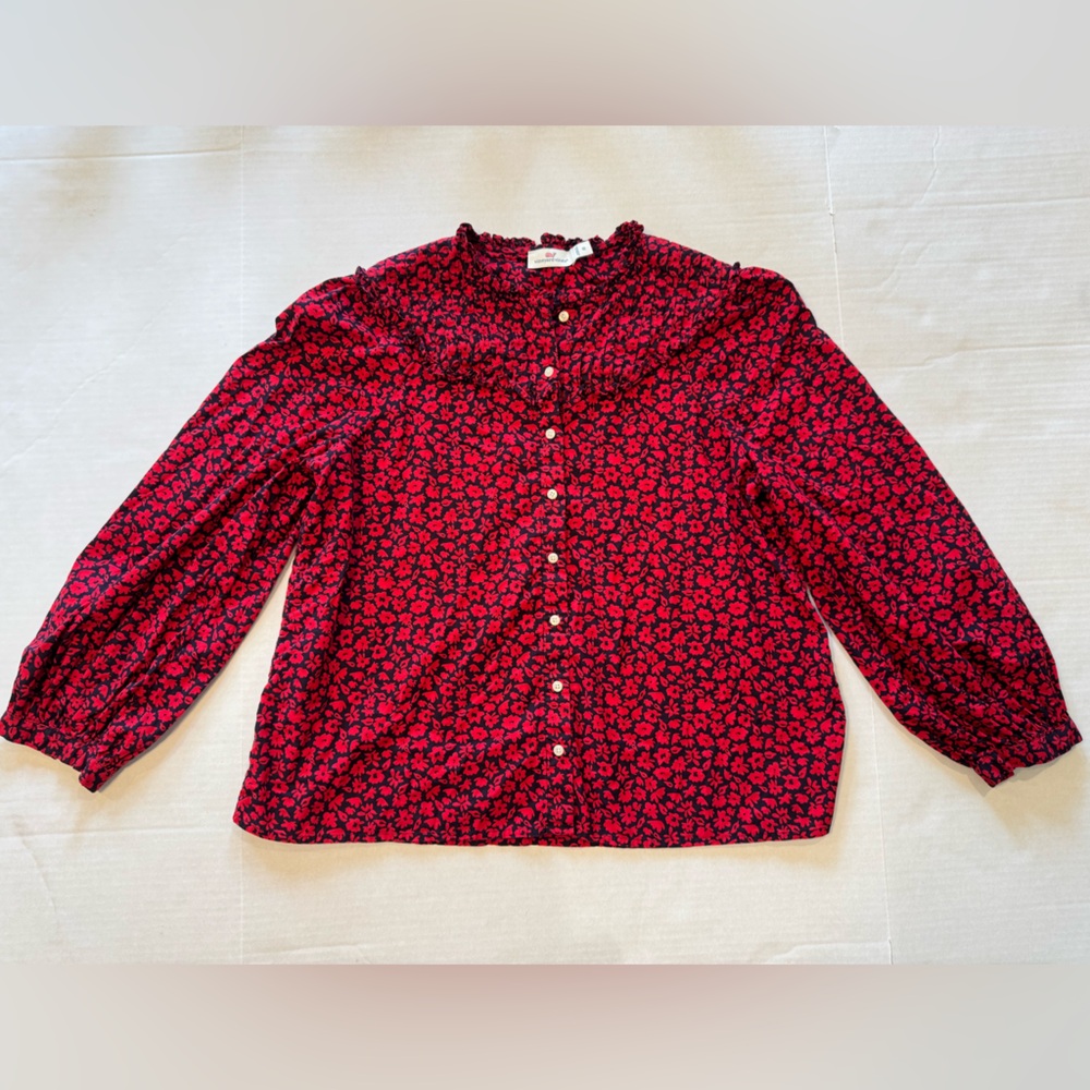 Vineyard Vines Red Wildflower Watercolor Pleated Yoke Top Size 10